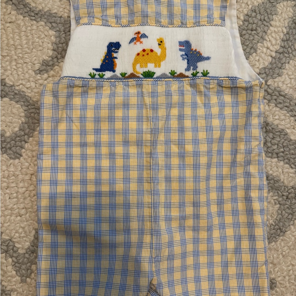 Velani Smocked Blue and Yellow Checkered Dinosaur Overalls